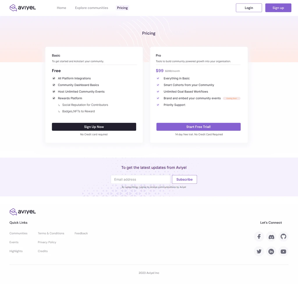 Aviyel pricing page UI design
