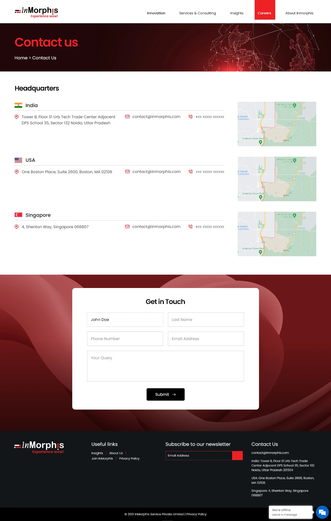inMorphis Contact Us page design