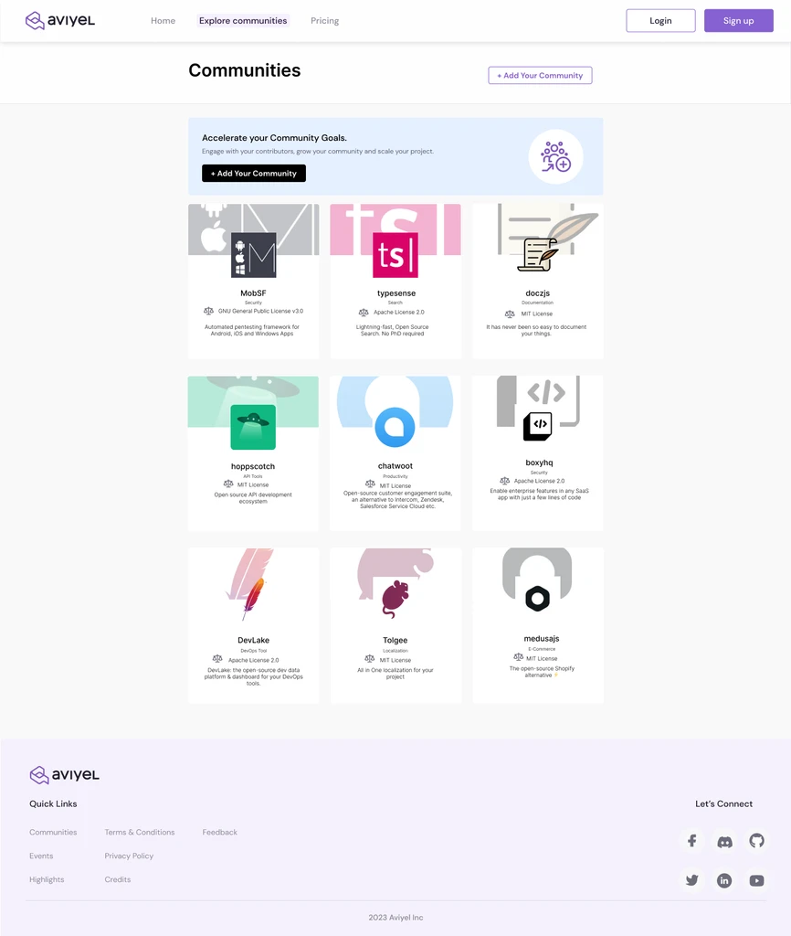 Aviyel Communities directory page UI design